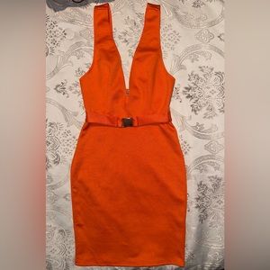 OH MY LOVE LONDON X-Small Deep V Neck Bodycon Dress In Orange